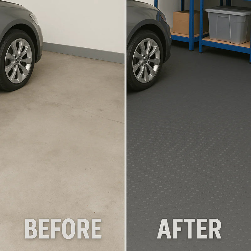 Non-Slip Rubber Flooring Roll Cut Lengths – Heavy-Duty Studded Penny Pattern Mat for Garages, Gyms & Workshops – Waterproof & Easy to Clean