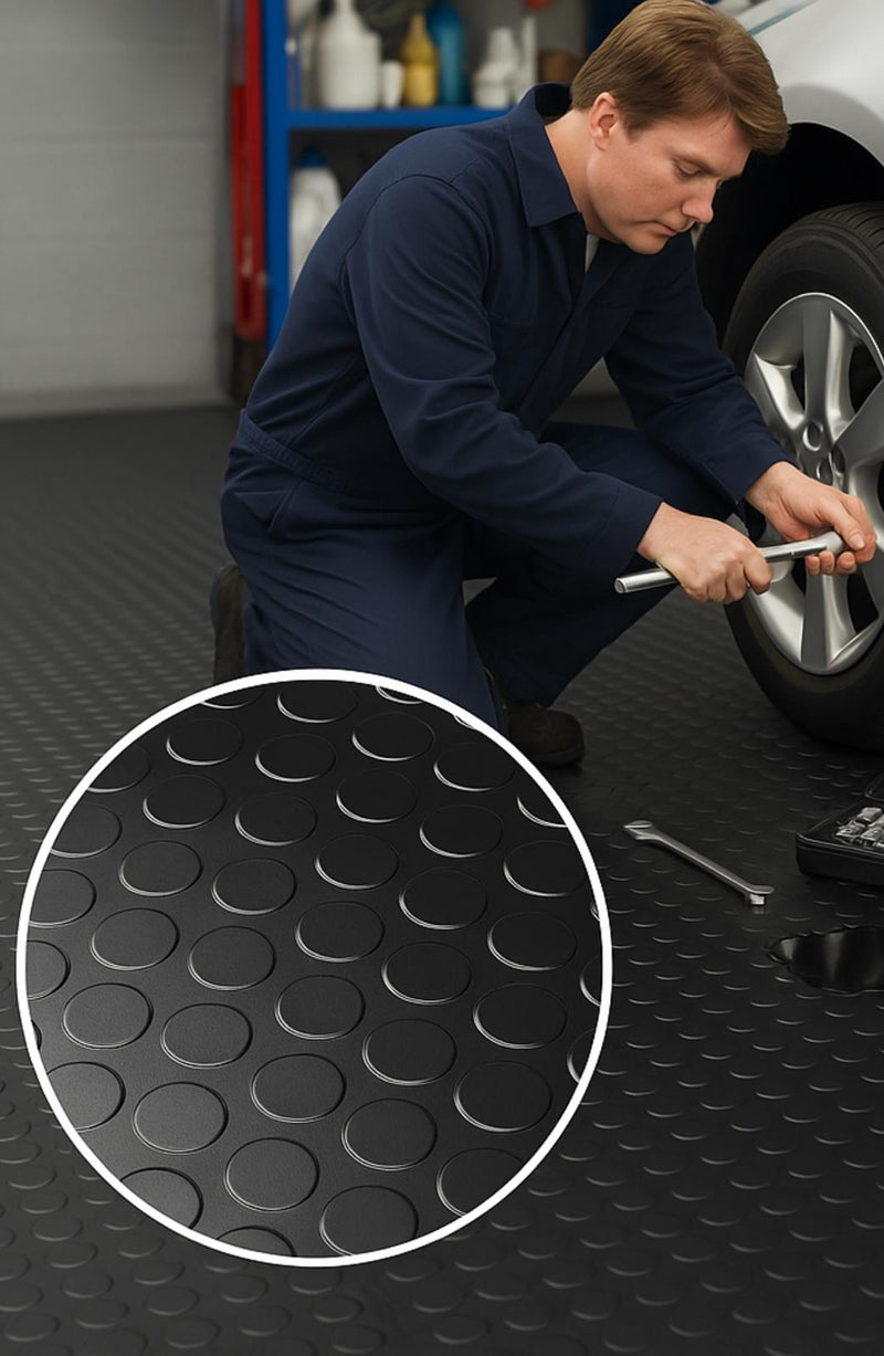 Non-Slip Rubber Flooring Roll Cut Lengths – Heavy-Duty Studded Penny Pattern Mat for Garages, Gyms & Workshops – Waterproof & Easy to Clean