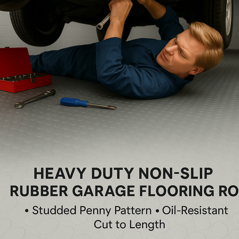 Non-Slip Rubber Flooring Roll Cut Lengths – Heavy-Duty Studded Penny Pattern Mat for Garages, Gyms & Workshops – Waterproof & Easy to Clean