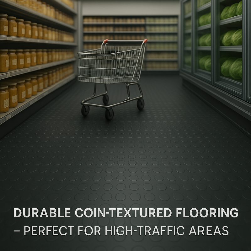 Non-Slip Rubber Flooring Roll Cut Lengths – Heavy-Duty Studded Penny Pattern Mat for Garages, Gyms & Workshops – Waterproof & Easy to Clean