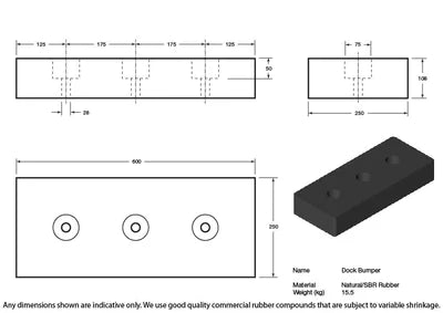 Rubber Dock Bumper 600 x 250 x 108mm